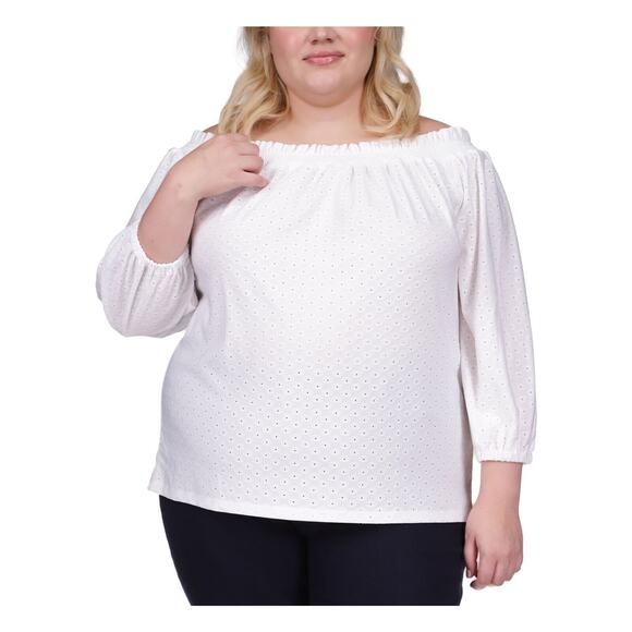 MICHAEL MICHAEL KORS Womens White Eyelet Cuffs 3/4 Sleeve Smocked Top Plus 1X - Picture 1 of 15